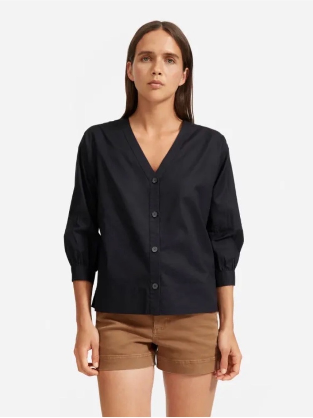 EVERLANE Shirt Top Women 2 Lantern Button Down V Neck 3/4 Sleeve Black Cotton